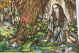 Norwegian fairy tale scene featuring a girl in a patterned dress sitting by a pond under a tree, with butterflies, flowers, and a frog nearby.
