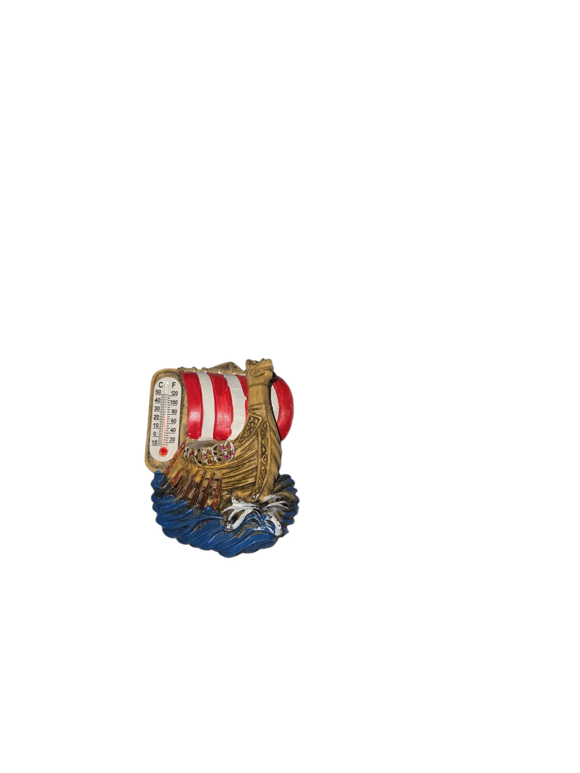 A charming Scandinavian souvenir, the Magnet: Vikings Ship with Thermometer features a red and white sail on blue waves—perfect for decorating your refrigerator.