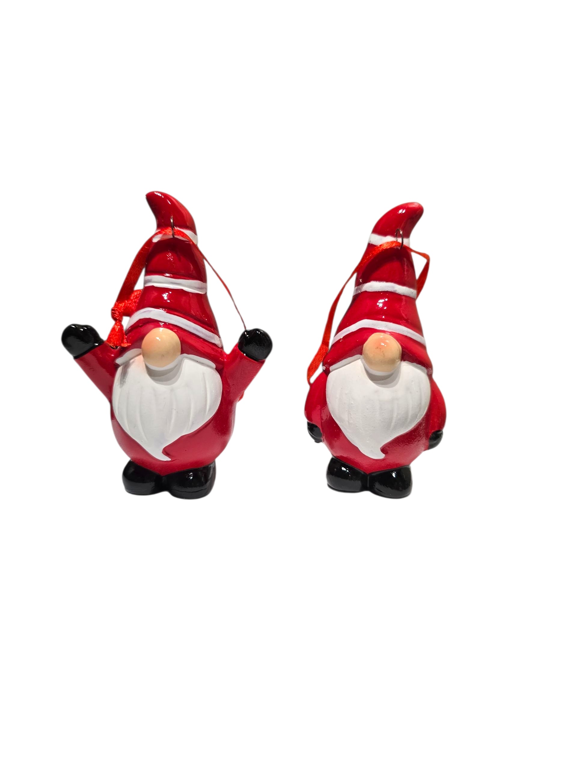Two Santa Gnome Ceramic Christmas Ornaments, each 3.5" tall with red suits, black mittens and boots—festive Scandinavian Christmas decor, perfect for adding charm to your holiday display.