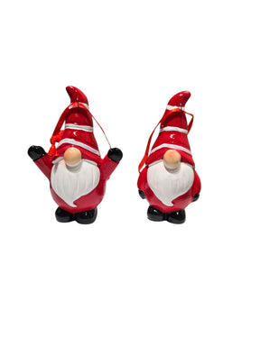 Two Santa Gnome Ceramic Christmas Ornaments, each 3.5" tall with red suits, black mittens and boots—festive Scandinavian Christmas decor, perfect for adding charm to your holiday display.
