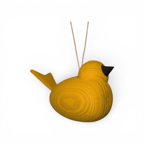 The Swallings Ornament: Wooden Yellow Swedish Bird Hanging Ornament, handmade in Sweden, features a black beak and string loop for hanging, shown against a plain white background.