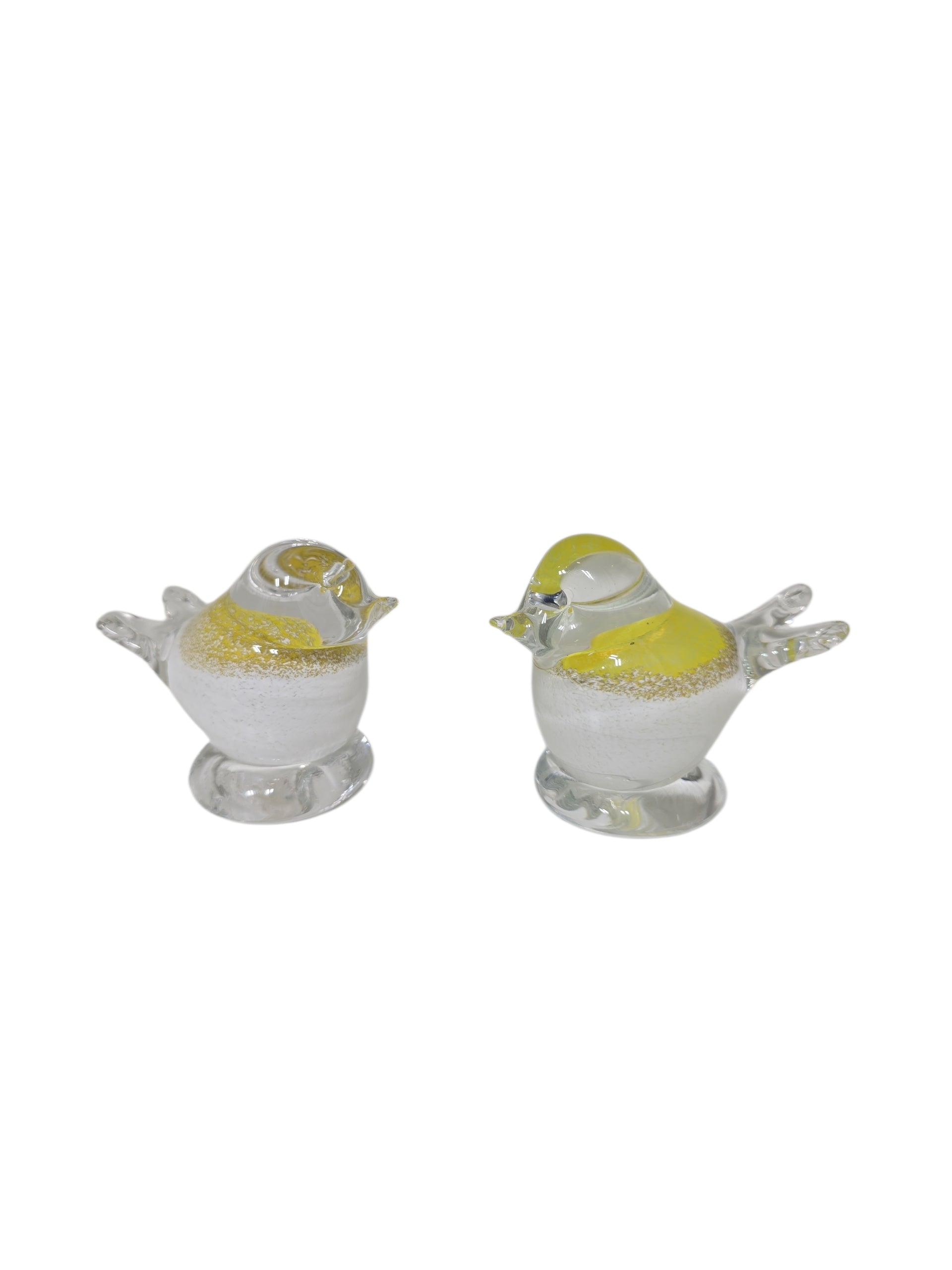 The Bianco Blu "Chick" mouth-blown glass bird figurine features a yellow back, white belly, and round base, displayed on a white background—an adorable addition for collectors.