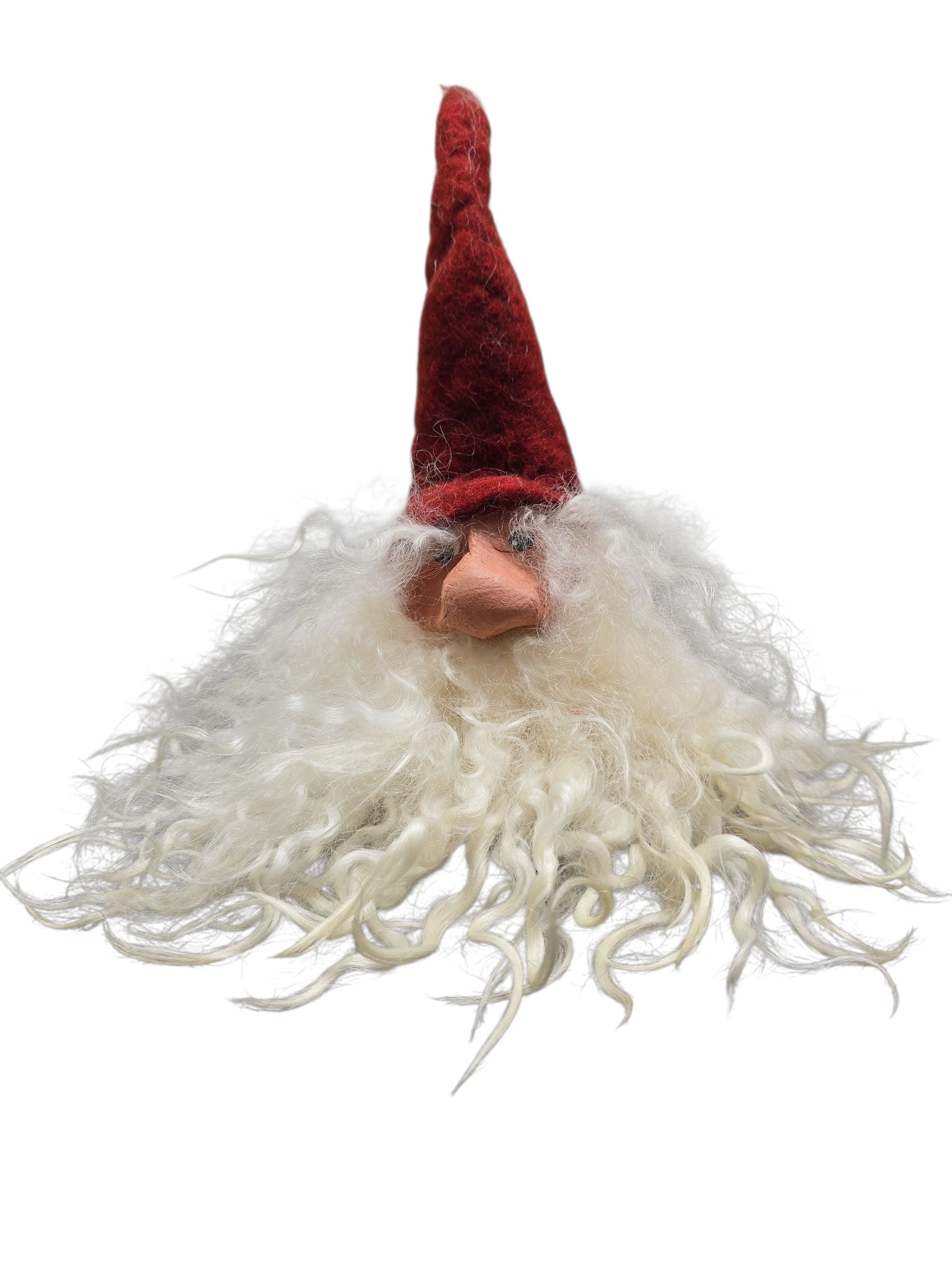 The Gnome: Shelf Tomten with Wool Felt Hat by Gumselids Hanverks Sweden is a 12" handcrafted Swedish figurine featuring a long white curly beard, large nose, and tall red pointed hat—perfect for Christmas holiday décor.
