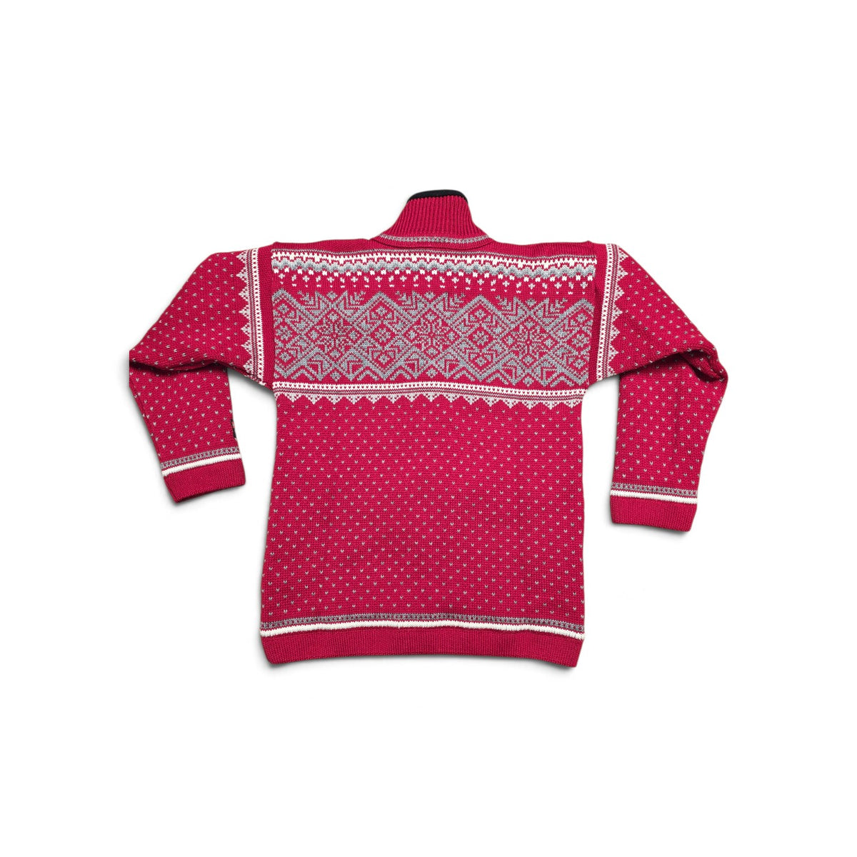 Red mock-neck sweater with grey and white Nordic-style geometric patterns across the chest and shoulders.