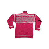 Red mock-neck sweater with grey and white Nordic-style geometric patterns across the chest and shoulders.