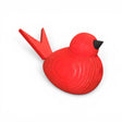 The 3" Wooden Scandi Birds Handcrafted Figurine from Bergquist Imports features Nordic craftsmanship with a simple red wooden body, pointed tail, and small black beak, created in Sweden and showcased on a plain white background.
