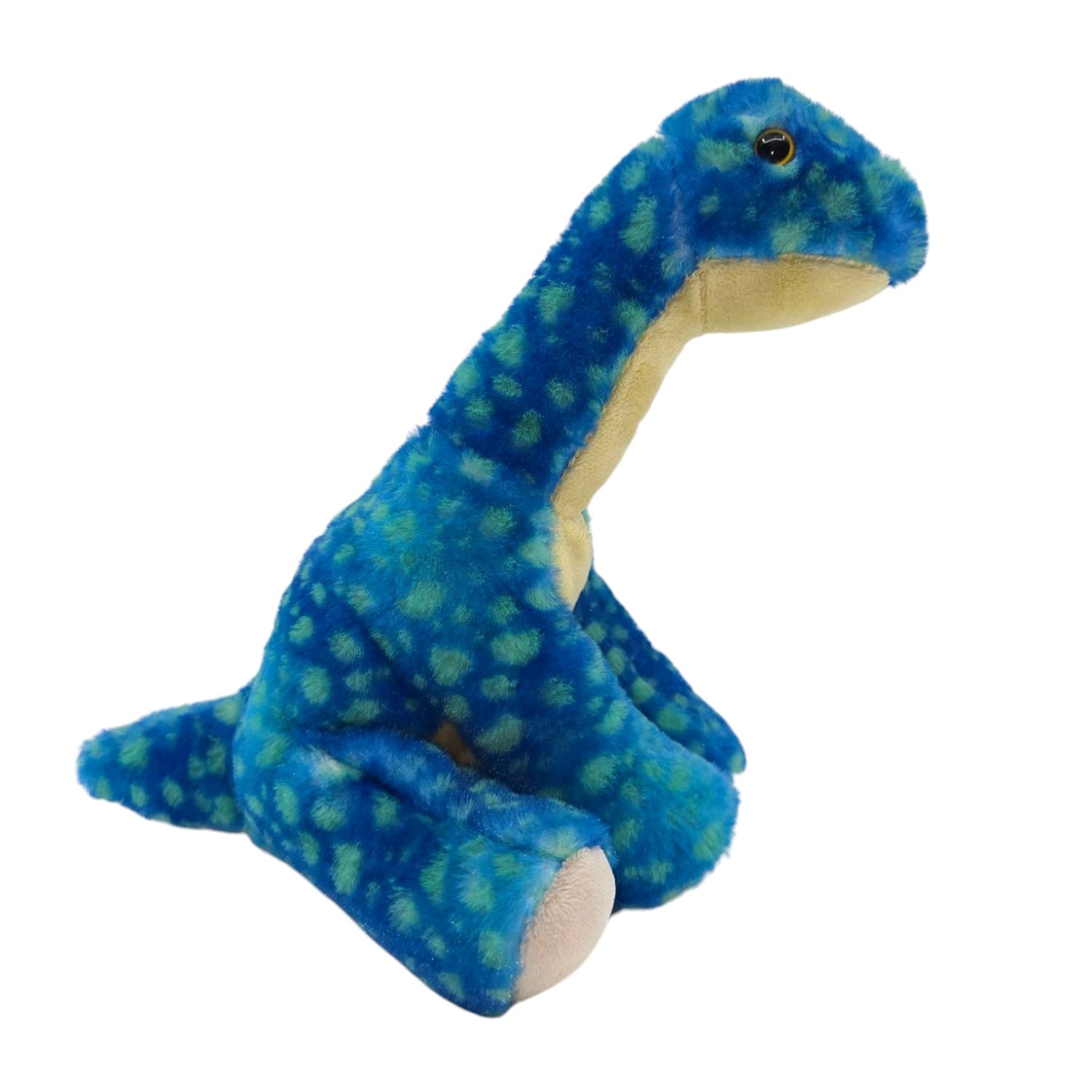 The Plush: Brachiosaurus w/ Roaring Sound is an 11 blue and green spotted dinosaur toy with a long neck and tail, styled as a Brachiosaurus, shown sitting upright on a white background.