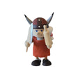 Wooden Viking woman chef figurine wearing a horned helmet and a red apron, holding a wooden knife and a rolling pin.