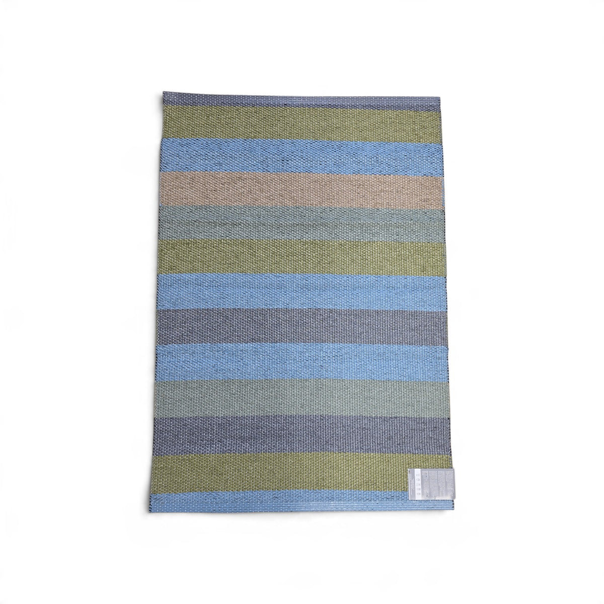 Rectangular Swedish vinyl rug with horizontal stripes in blue, green, and tan.
