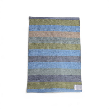 Rectangular Swedish vinyl rug with horizontal stripes in blue, green, and tan.
