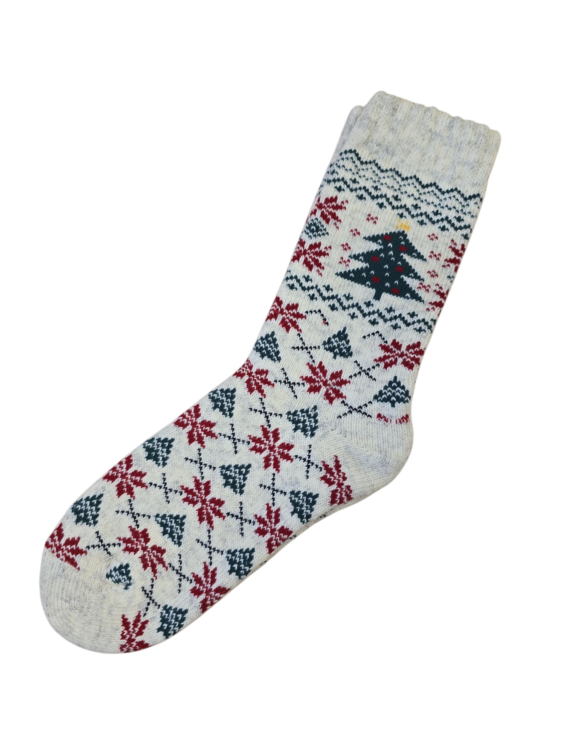 A single white Socks: Wool Wear - Natural 80% Wool Christmas Tree Norwegian Flag Sock, featuring red snowflakes and green tree patterns, displayed on a white background.