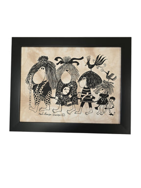 Framed in 11x14 black, "Artwork: Troll Family Framed Batik Artwork" features five cartoonish figures, a bird, and a dog in black ink on light background, showcasing Heidi Lange's whimsical style.
