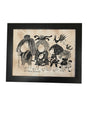 Framed in 11x14 black, "Artwork: Troll Family Framed Batik Artwork" features five cartoonish figures, a bird, and a dog in black ink on light background, showcasing Heidi Lange's whimsical style.