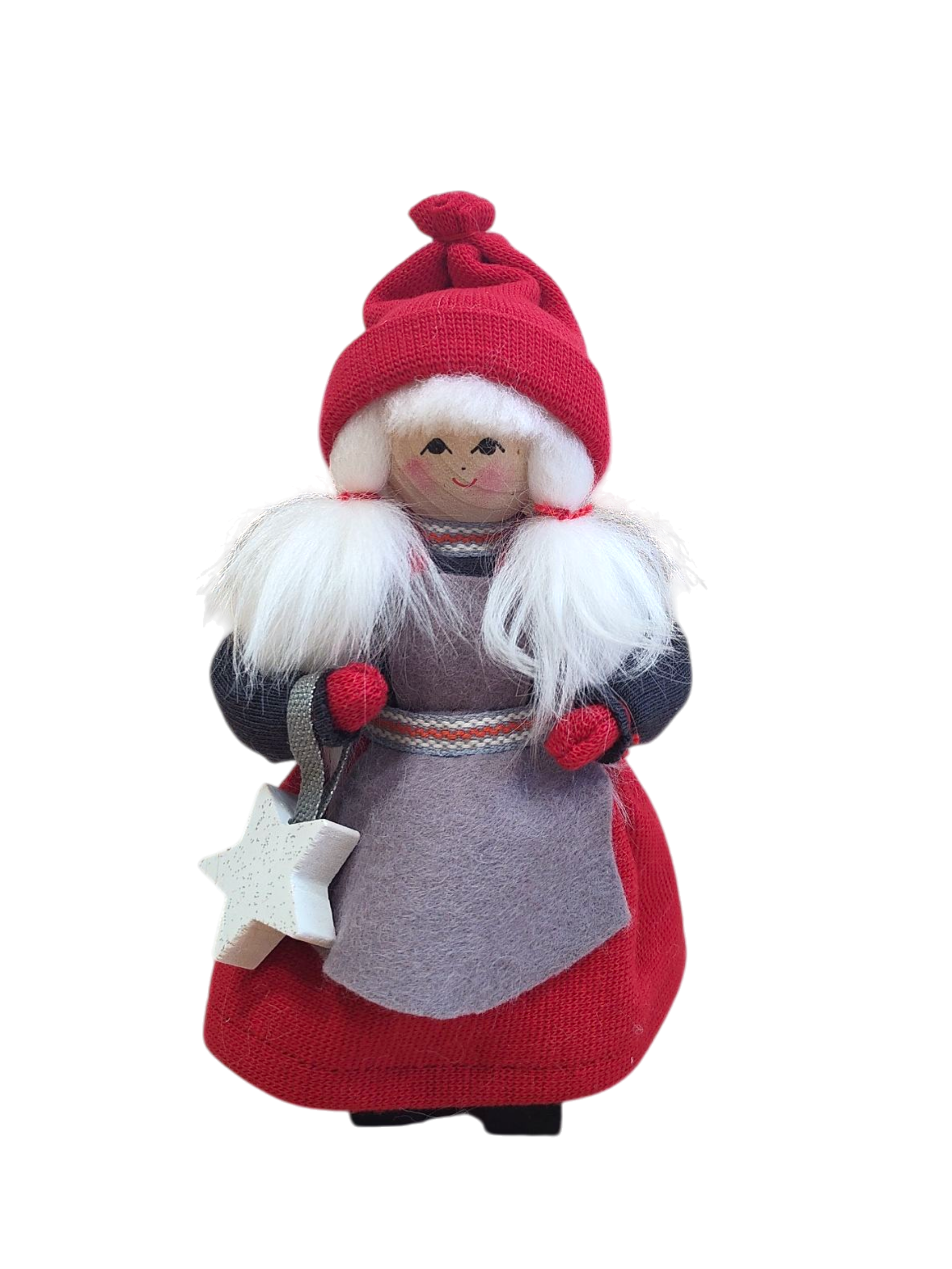 The Figurine: Santa Girl with Glittering Star features a handmade figure with white hair, red hat and dress, holding a glittering star—perfect Christmas décor for any space.