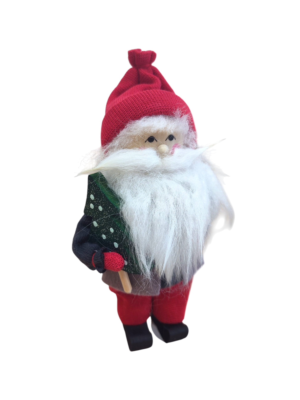 The Figurine: Santa with Glittering Tree features a handcrafted Swedish Santa in a red hat and suit with a white beard, holding a sparkling green Christmas tree—an ideal festive decoration, shown on a white background.