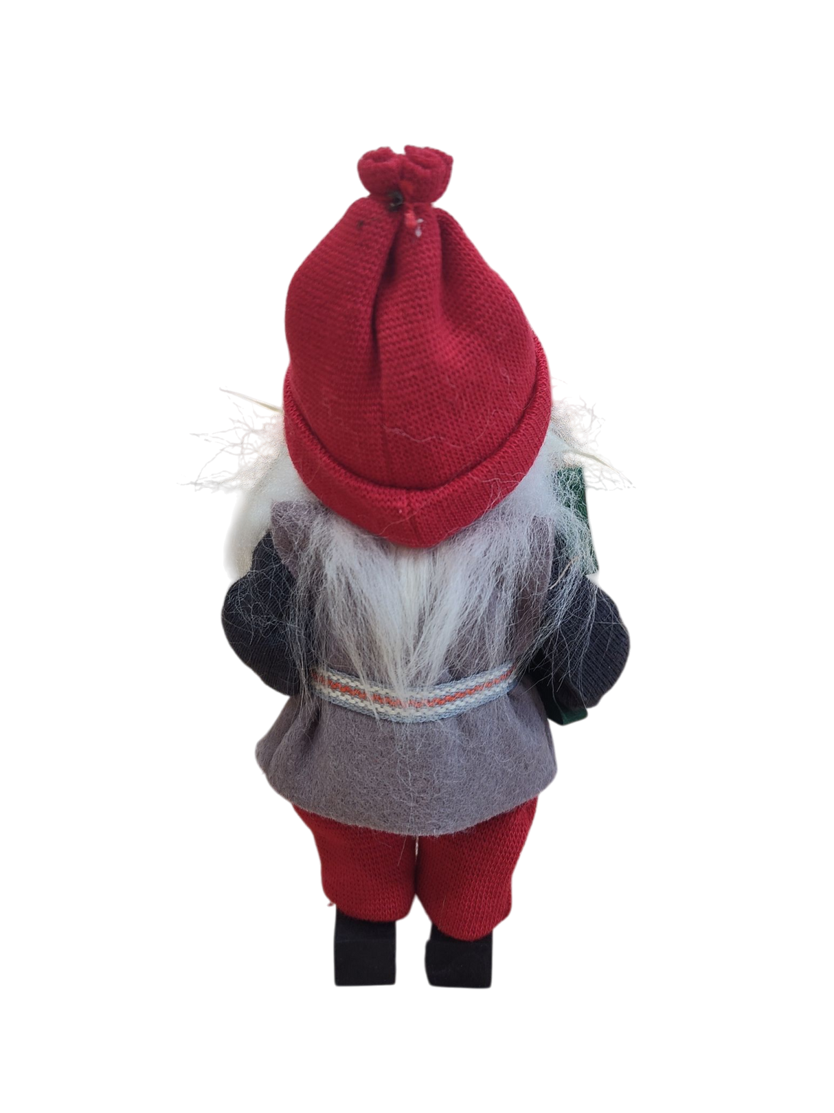 The "Figurine: Santa with Glittering Tree" features a Swedish-inspired Santa doll with white hair, red hat, gray vest, black shirt, and red pants—seen from the back against a white background. Makes a unique Christmas tree decoration.