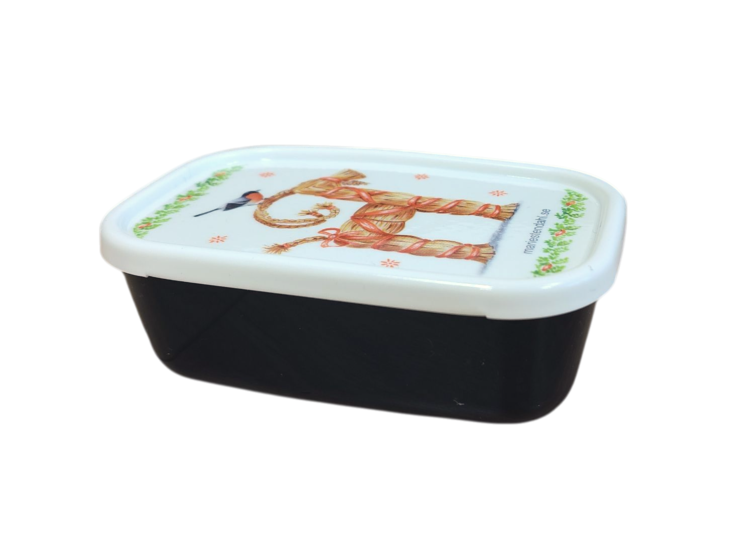 The Mini Christmas Box Container features Marie Stendahl designs, with a white lid showing a straw goat and bird, inspired by classic Swedish holiday décor.