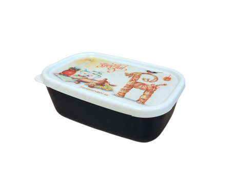 The Mini Christmas Box Container features Marie Stendahl designs on a black plastic body with a white illustrated lid—perfect for adding festive Swedish décor to your home.