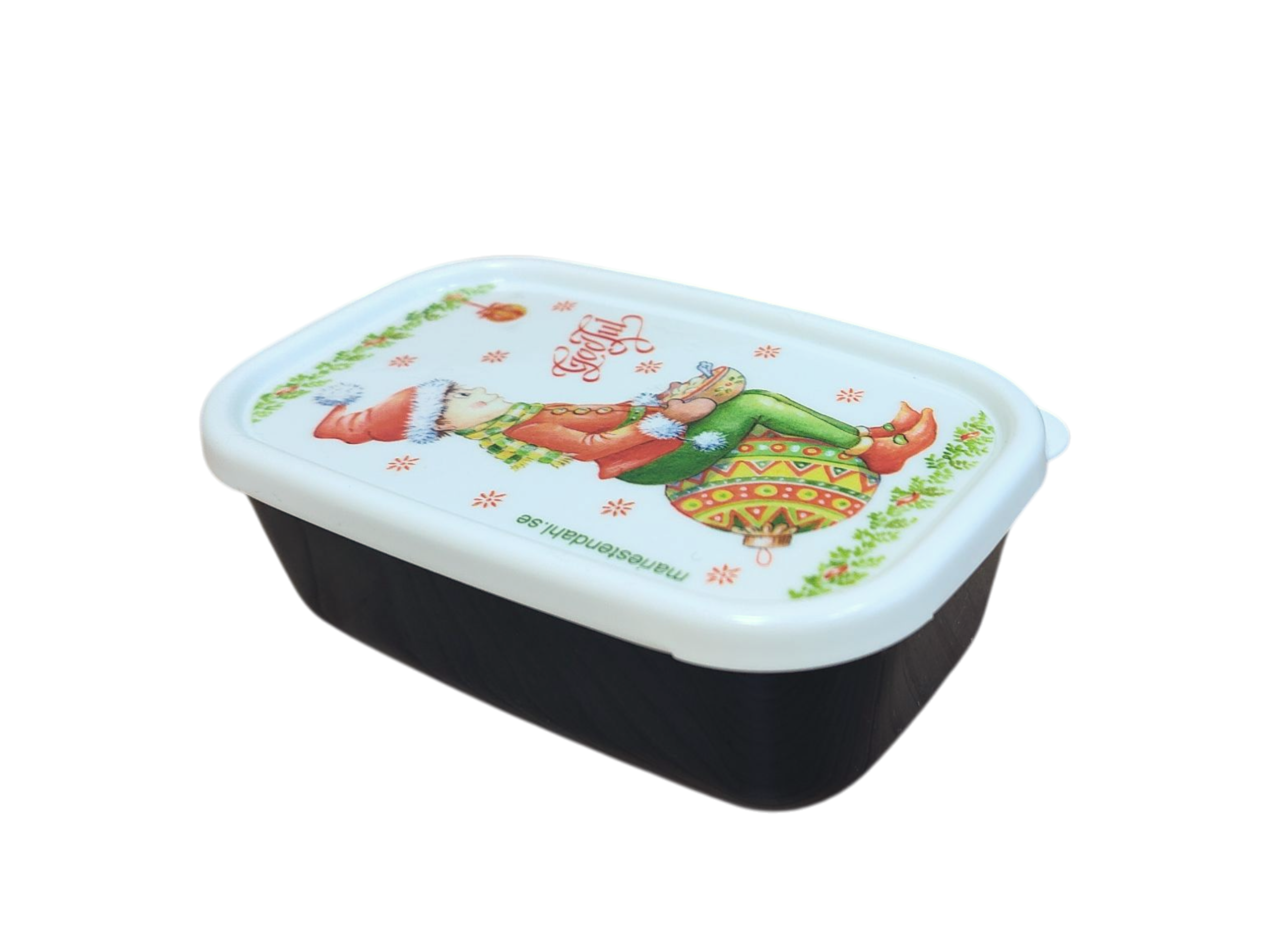 The Mini Christmas Box Container with Marie Stendahl Designs features a rectangular plastic shape, white lid, and festive elf illustration with "Joy!"—ideal for adding Swedish holiday flair to your décor.