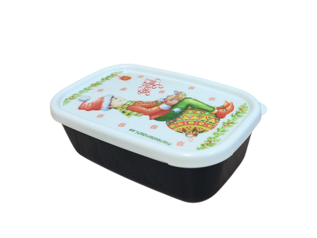 The Mini Christmas Box Container with Marie Stendahl Designs features a rectangular plastic shape, white lid, and festive elf illustration with "Joy!"—ideal for adding Swedish holiday flair to your décor.