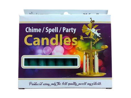 A box labeled "Candles: Pine Green Chime Candles .5" (20 Pack)" shows pine green candles through a window, with a gold European chime candle holder carousel pictured on the right.