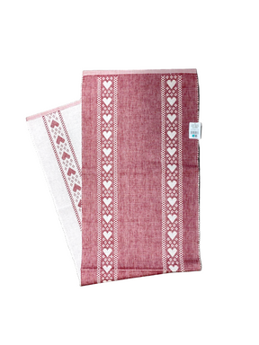 The "Kajsa Lopare" Red & White Woven Cotton Table Runner by Redlunds of Sweden features two rows of white hearts and vertical stripes. Size: 14" x 47". Displayed against a white background.