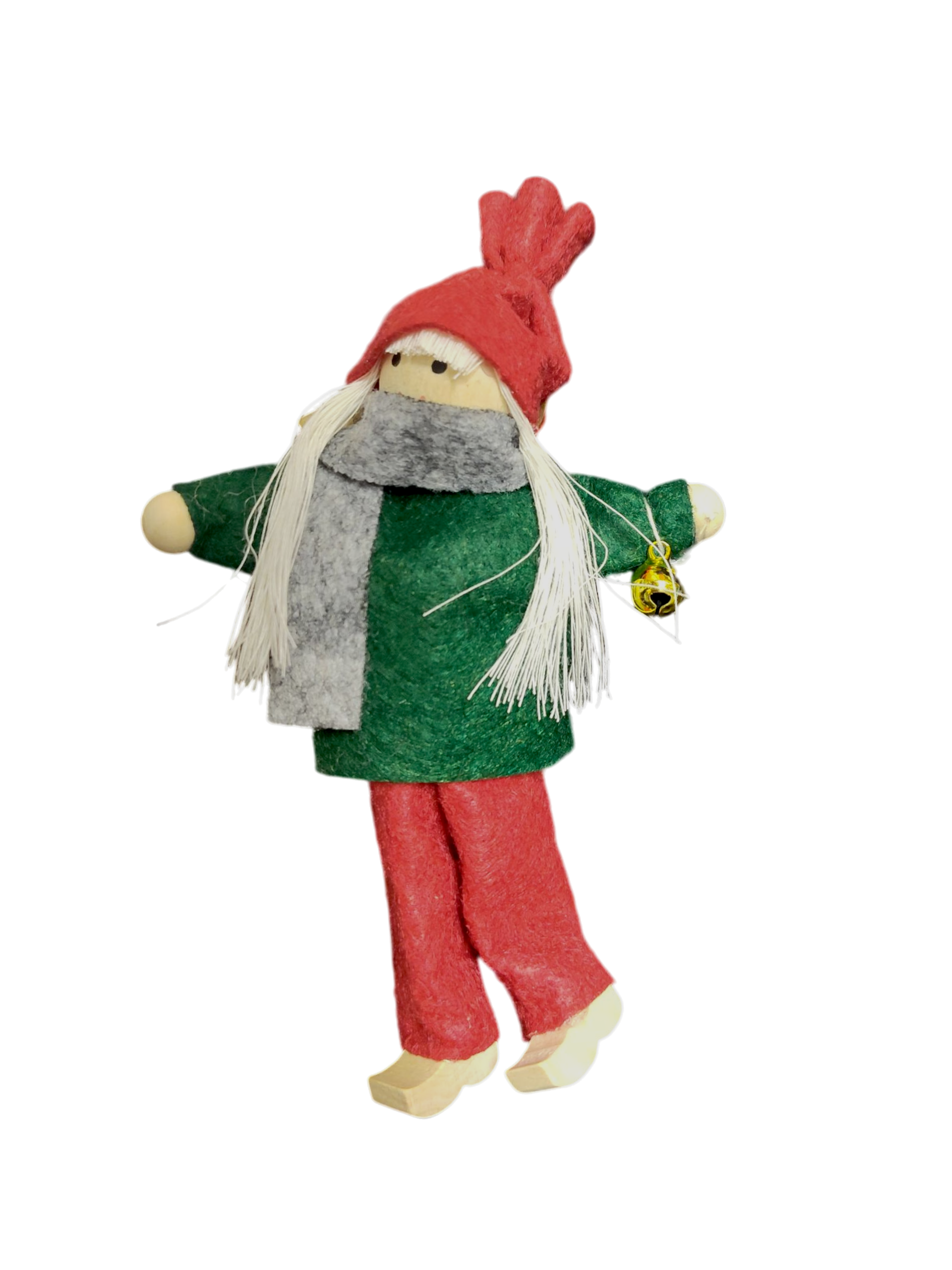 A Swedish Tomte Girl or Boy Christmas Tree Ornament dressed in red and green with wooden clogs, handmade and photographed against a white background.