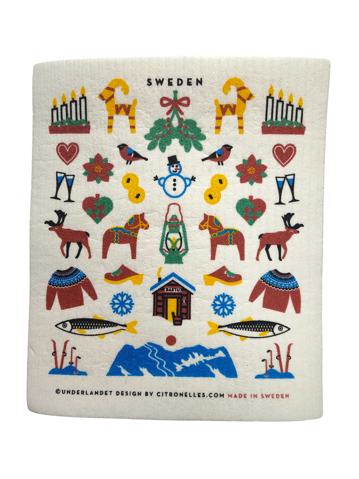 The "Dishcloth: Swedish Winter Traditions" (8"x7") features folk art Dala horses, candles, hearts, birds, and more in a charming Nordic design—an eco-friendly cotton/cellulose blend perfect for your kitchen.