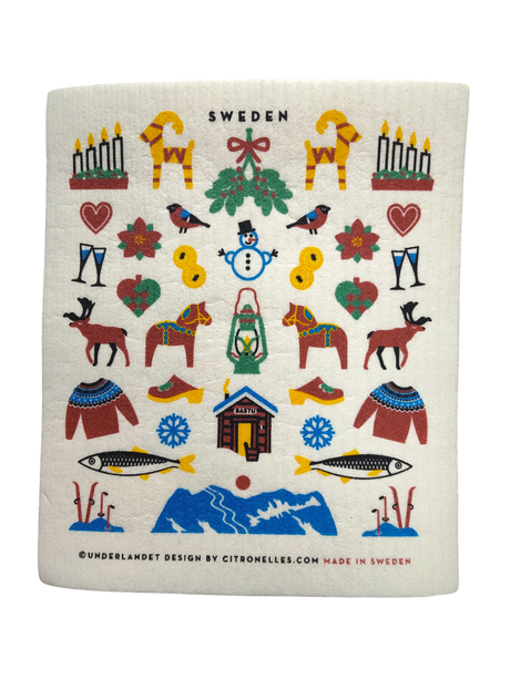 The "Dishcloth: Swedish Winter Traditions" (8"x7") features folk art Dala horses, candles, hearts, birds, and more in a charming Nordic design—an eco-friendly cotton/cellulose blend perfect for your kitchen.
