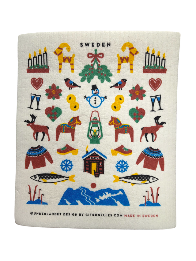 The "Dishcloth: Swedish Winter Traditions" (8"x7") features folk art Dala horses, candles, hearts, birds, and more in a charming Nordic design—an eco-friendly cotton/cellulose blend perfect for your kitchen.