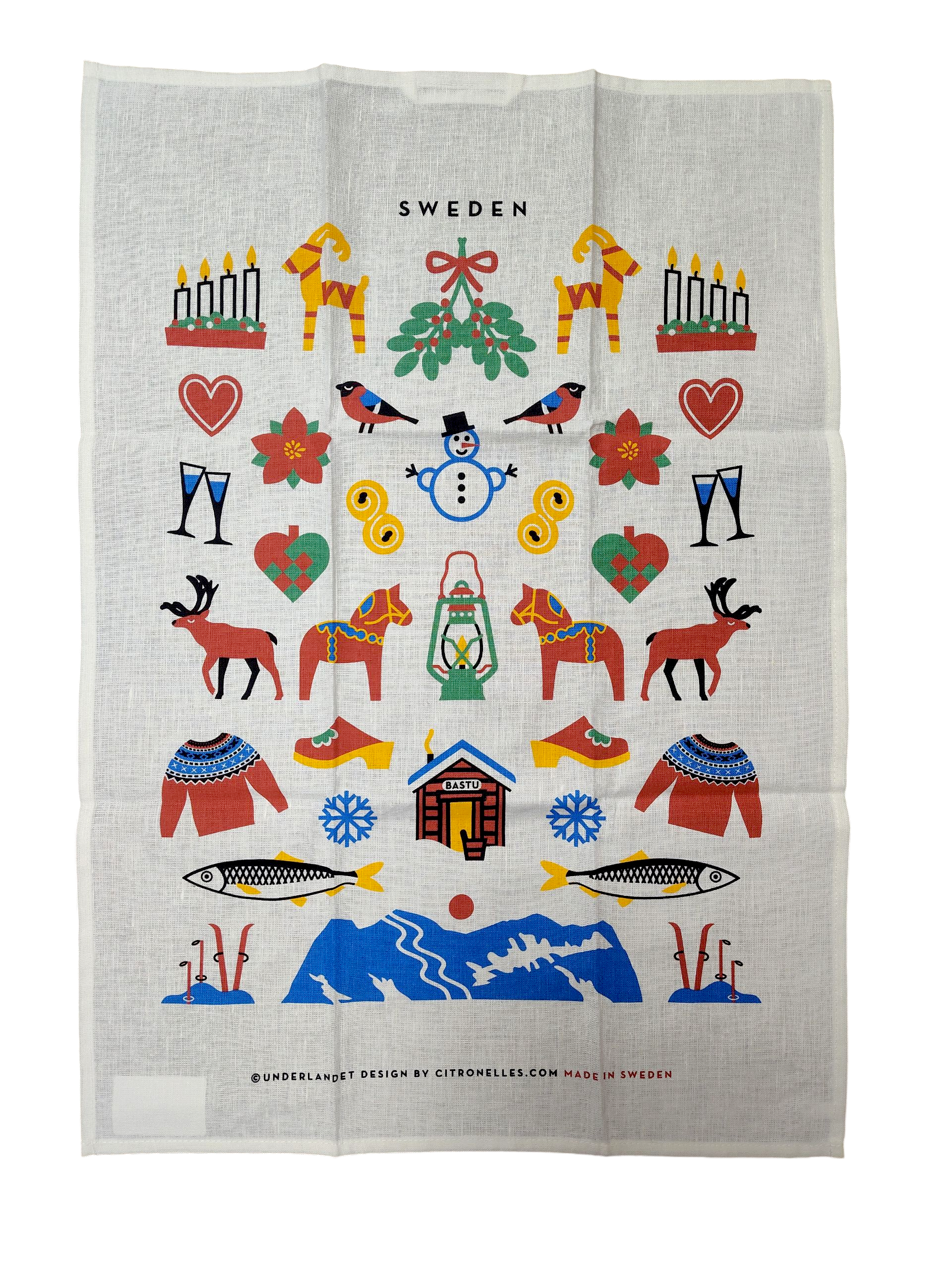 The Tea Towel: Swedish Winter Traditions—cotton/linen blend (50×70 cm)—features colorful Swedish folk motifs and “Sweden” at the top; a charming Scandinavian gift inspired by Sweden’s winter heritage.