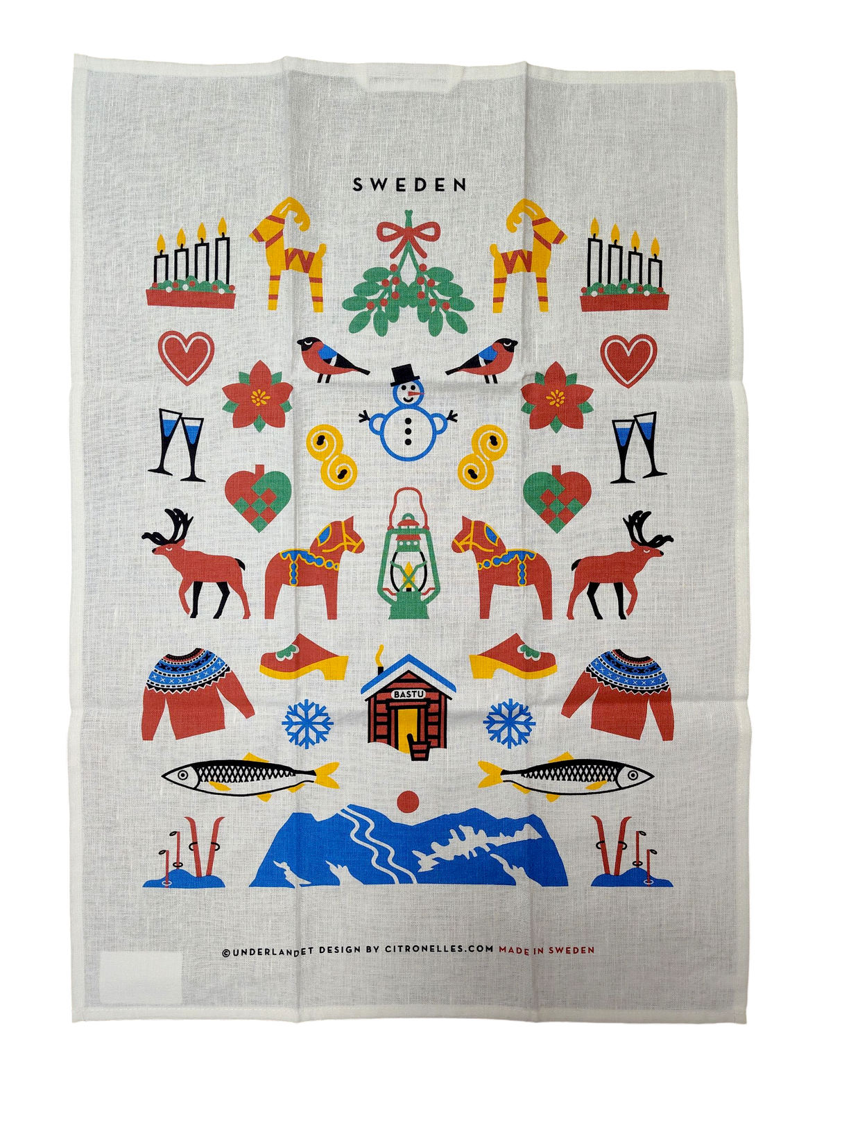 The Tea Towel: Swedish Winter Traditions—cotton/linen blend (50×70 cm)—features colorful Swedish folk motifs and “Sweden” at the top; a charming Scandinavian gift inspired by Sweden’s winter heritage.