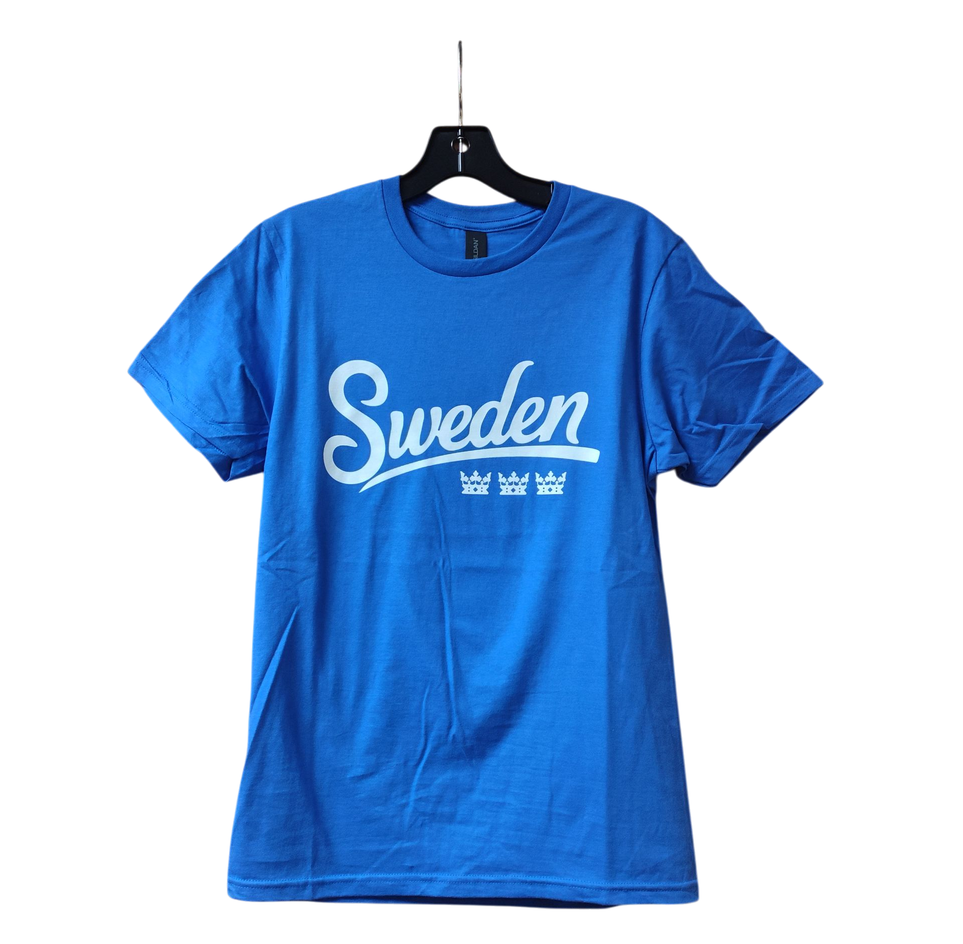 The "Sweden" T-Shirt - Blue is a cotton tee displayed on a hanger, featuring the word Sweden and three white crown symbols—a classic Scandinavian graphic.