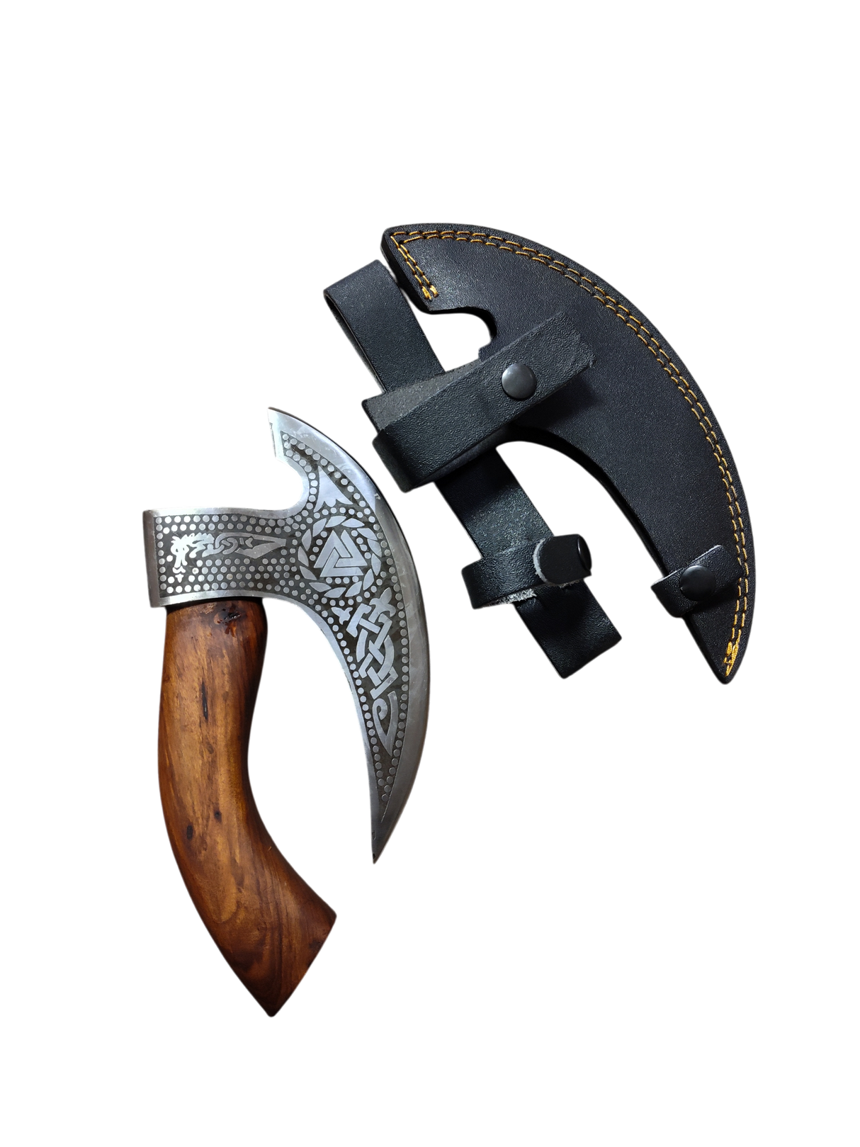 The Titan Nordic Raven Pizza Cutter, approx. 12" × 6", features Norse-inspired craftsmanship with an engraved metal blade, wooden handle, and comes with a black leather hand axe sheath with yellow stitching.