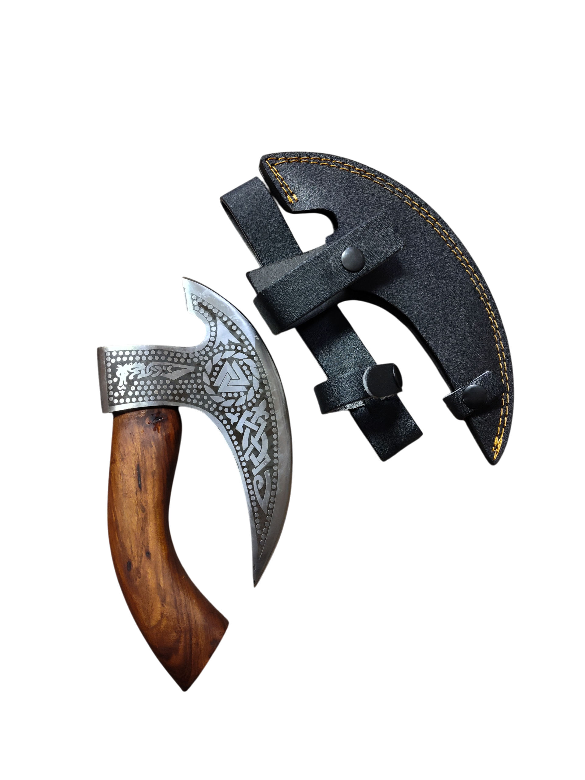 The Titan Nordic Raven Pizza Cutter features an engraved metal blade and wooden handle, paired with a black leather sheath with yellow stitching—a unique hand-forged addition to your kitchen or collection.