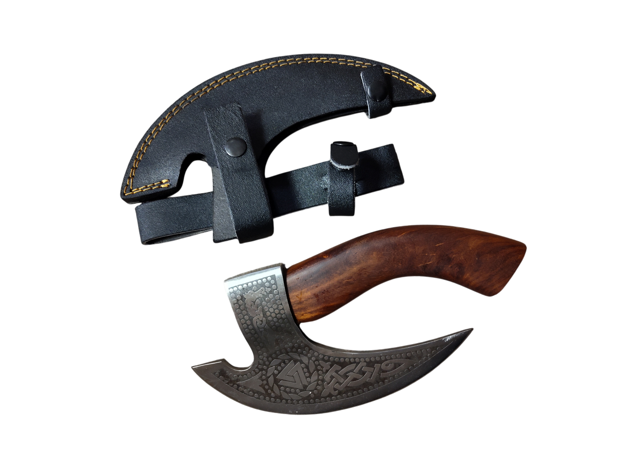 The Titan Nordic Raven Pizza Cutter features Norse-inspired craftsmanship, a wooden handle, hand-forged blade, and comes with a black leather hand axe sheath with yellow stitching, shown on a white background. Approx. 12" × 6".