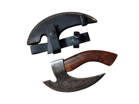 The Titan Nordic Raven Pizza Cutter features Norse-inspired craftsmanship, a wooden handle, hand-forged blade, and comes with a black leather hand axe sheath with yellow stitching, shown on a white background. Approx. 12" × 6".
