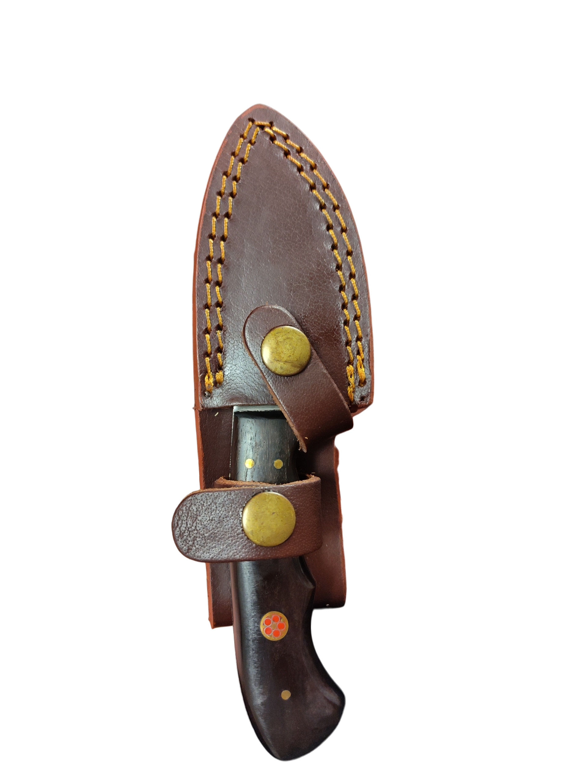 A Hand Forged Damascus Knife with a drop-style blade, black handle, and brass rivets is secured in a brown leather sheath with yellow stitching and brass snap closures.