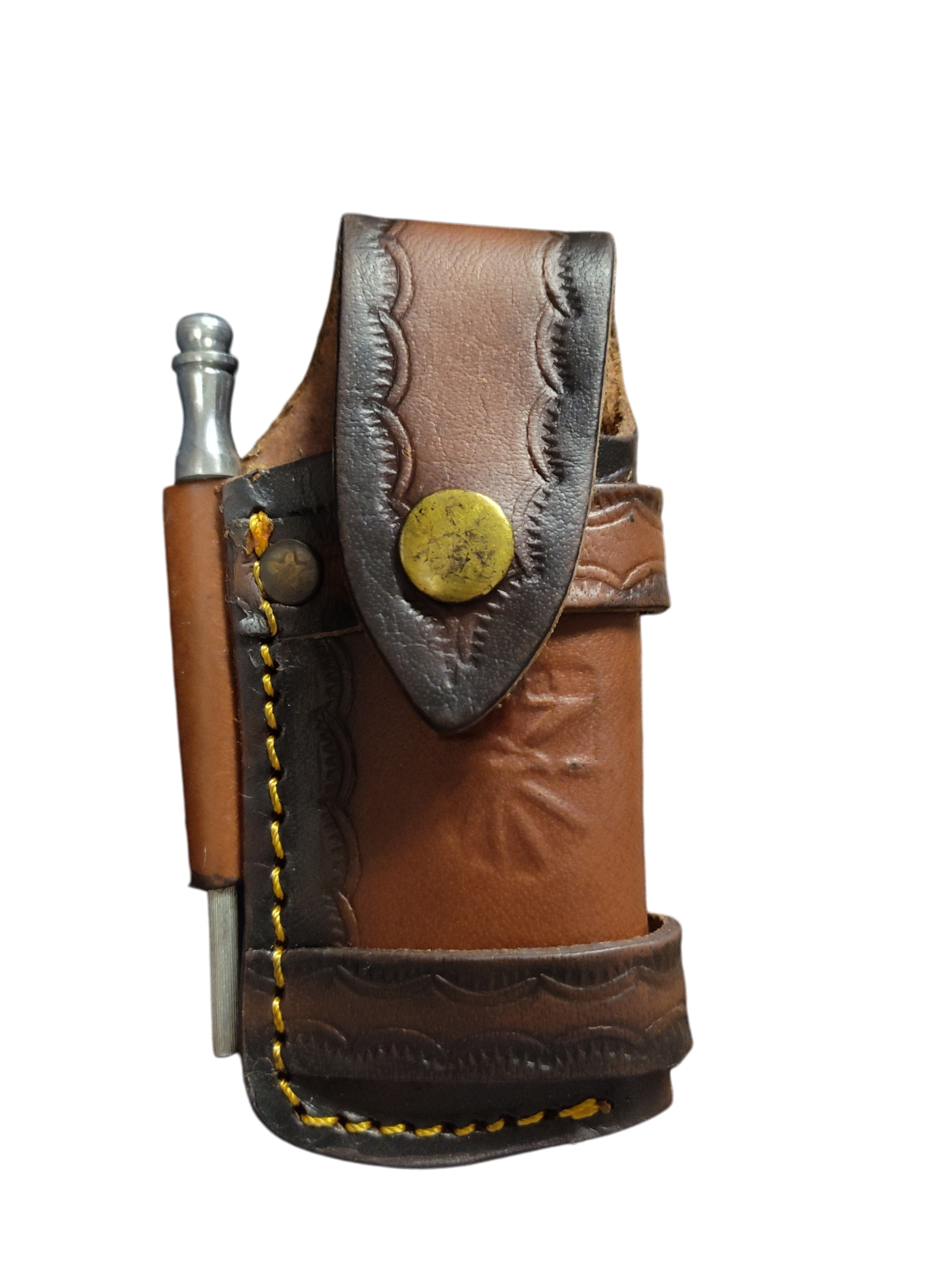 A brown leather pouch with a brass snap button, decorative stitching, and a Pocket Knife Walnut Wood 6.5'' Damascus Steel secured on the side.