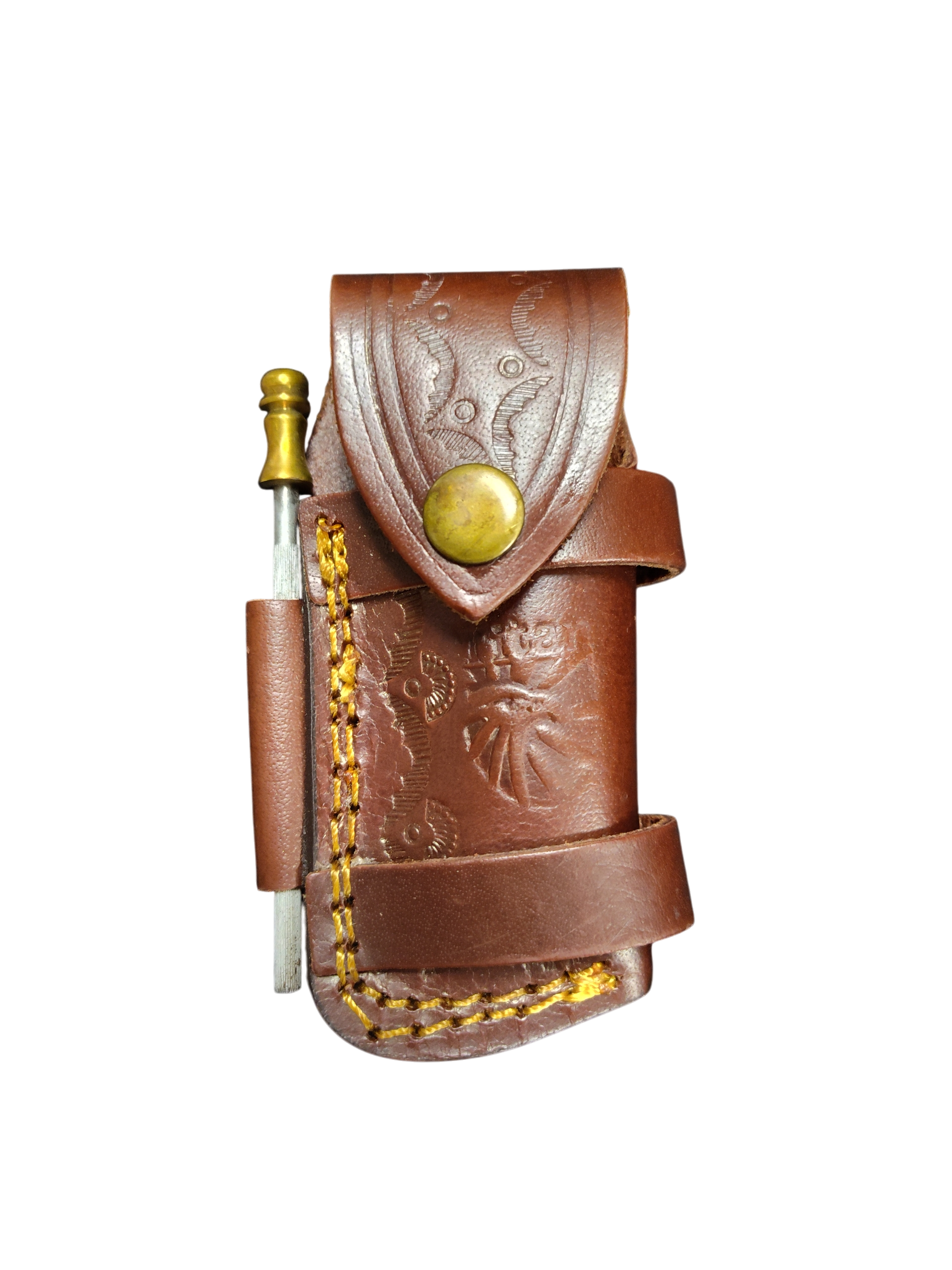 Brown leather pouch with embossed patterns, yellow stitched edge, brass snap button, and side loop for a metal rod—perfect for carrying your Titan Celestial Damascus Pocket Knife in style.