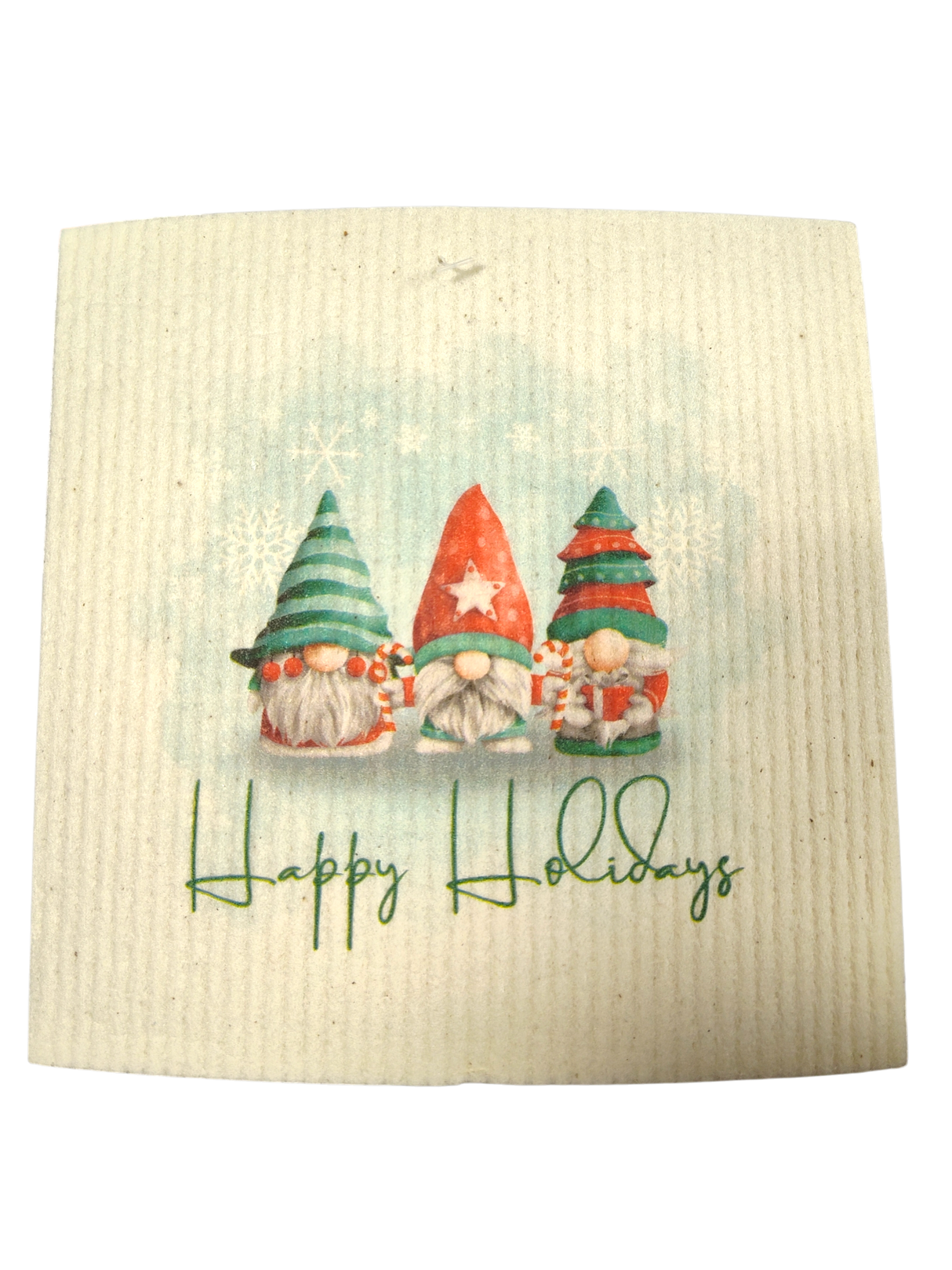 Add cheer to your kitchen with the Swedish Dishcloth: Happy Holidays - 3 Nisse / Tomte, featuring festive illustrated gnomes and "Happy Holidays" on a textured white background. Eco-friendly and perfect for the season!.