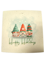 Add cheer to your kitchen with the Swedish Dishcloth: Happy Holidays - 3 Nisse / Tomte, featuring festive illustrated gnomes and "Happy Holidays" on a textured white background. Eco-friendly and perfect for the season!.