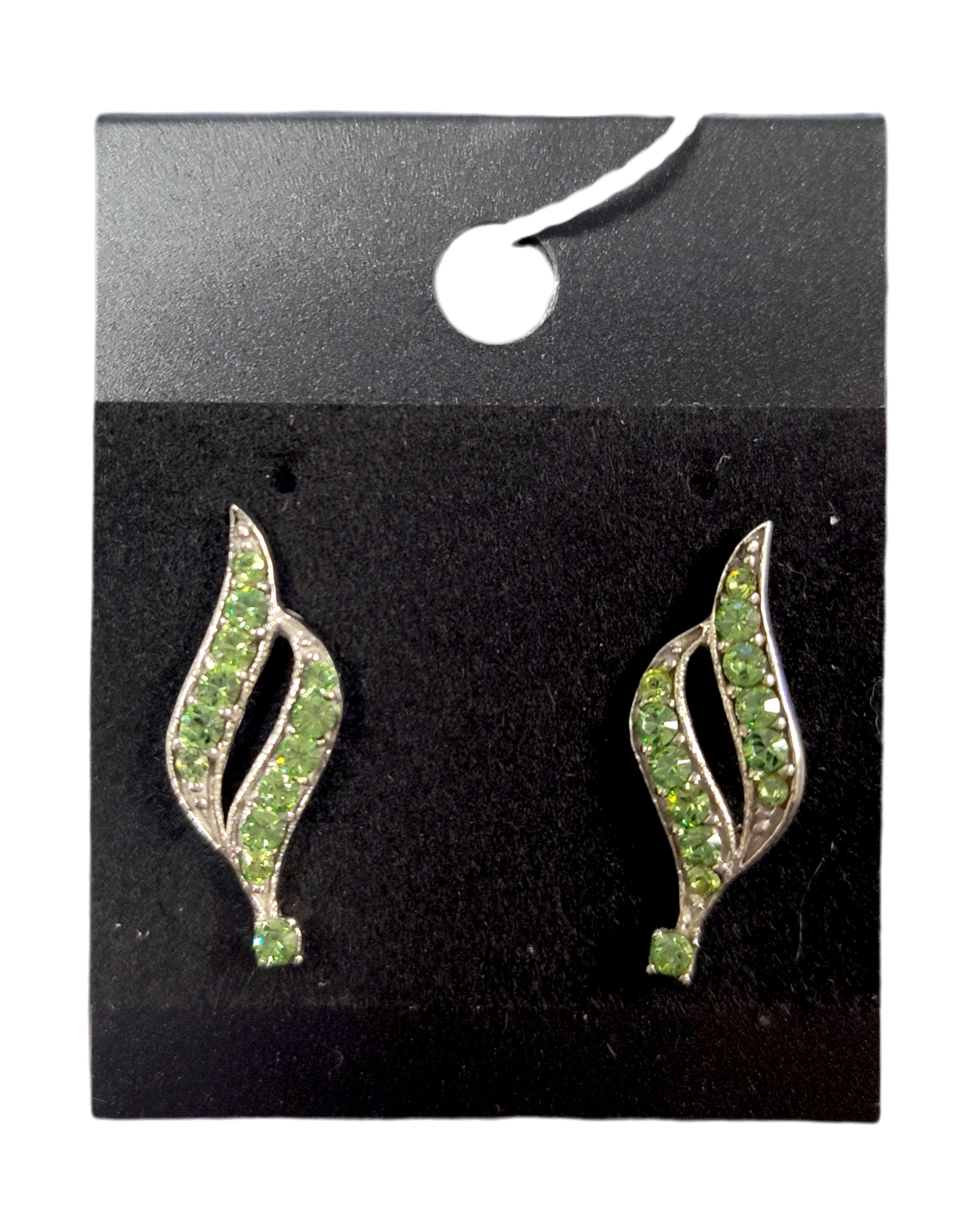 A pair of Earrings: August Peridot Swarovski® Crystals Spiral Dangle Earrings with green gemstones in a spiral design, displayed on a black card.