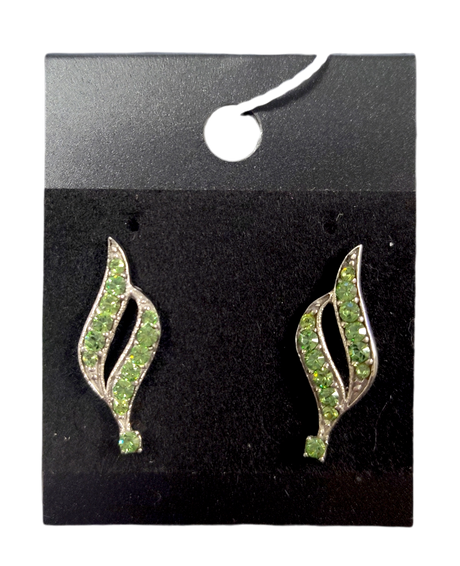 A pair of Earrings: August Peridot Swarovski® Crystals Spiral Dangle Earrings with green gemstones in a spiral design, displayed on a black card.