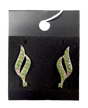 A pair of Earrings: August Peridot Swarovski® Crystals Spiral Dangle Earrings with green gemstones in a spiral design, displayed on a black card.