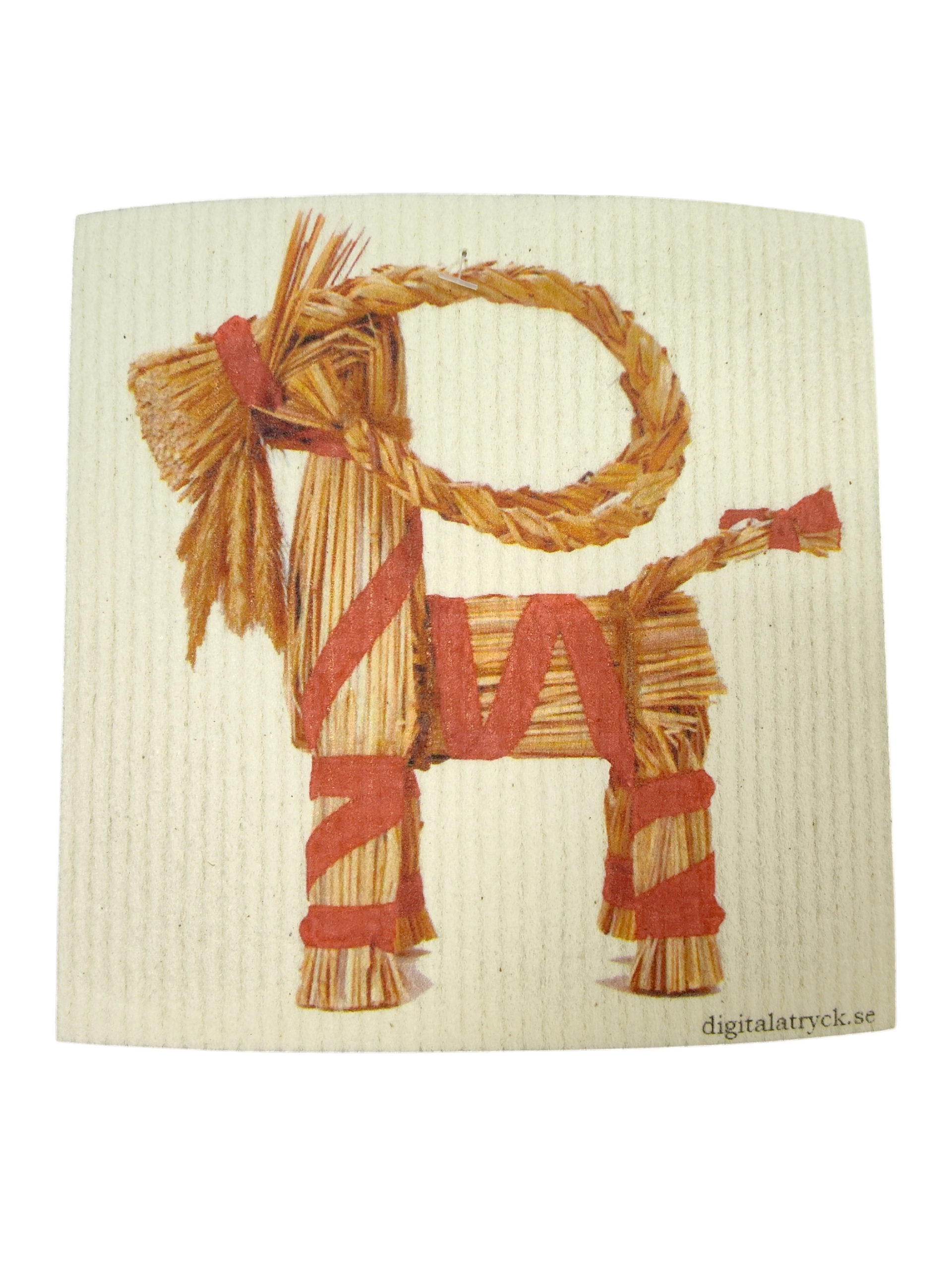 A Straw Julbock Christmas Goat Swedish Dishcloth (7 5/8"x7 5/8") featuring red ribbon accents makes a charming Scandinavian holiday decoration, shown on a textured, light-colored background.