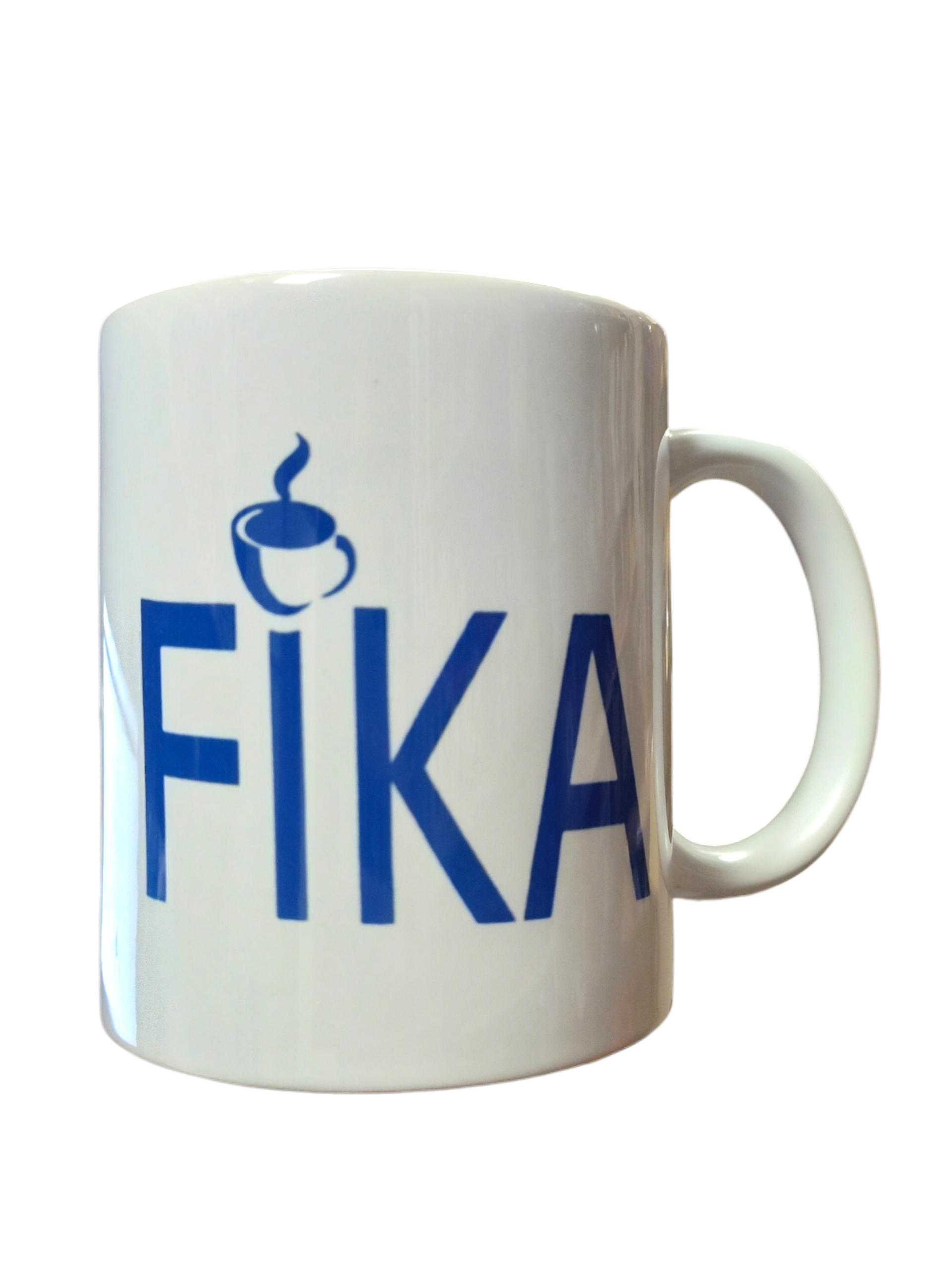 The 11oz "Fika" ceramic mug features bold blue FIKA text with a steaming cup icon over the I—perfect for enjoying Swedish coffee breaks.