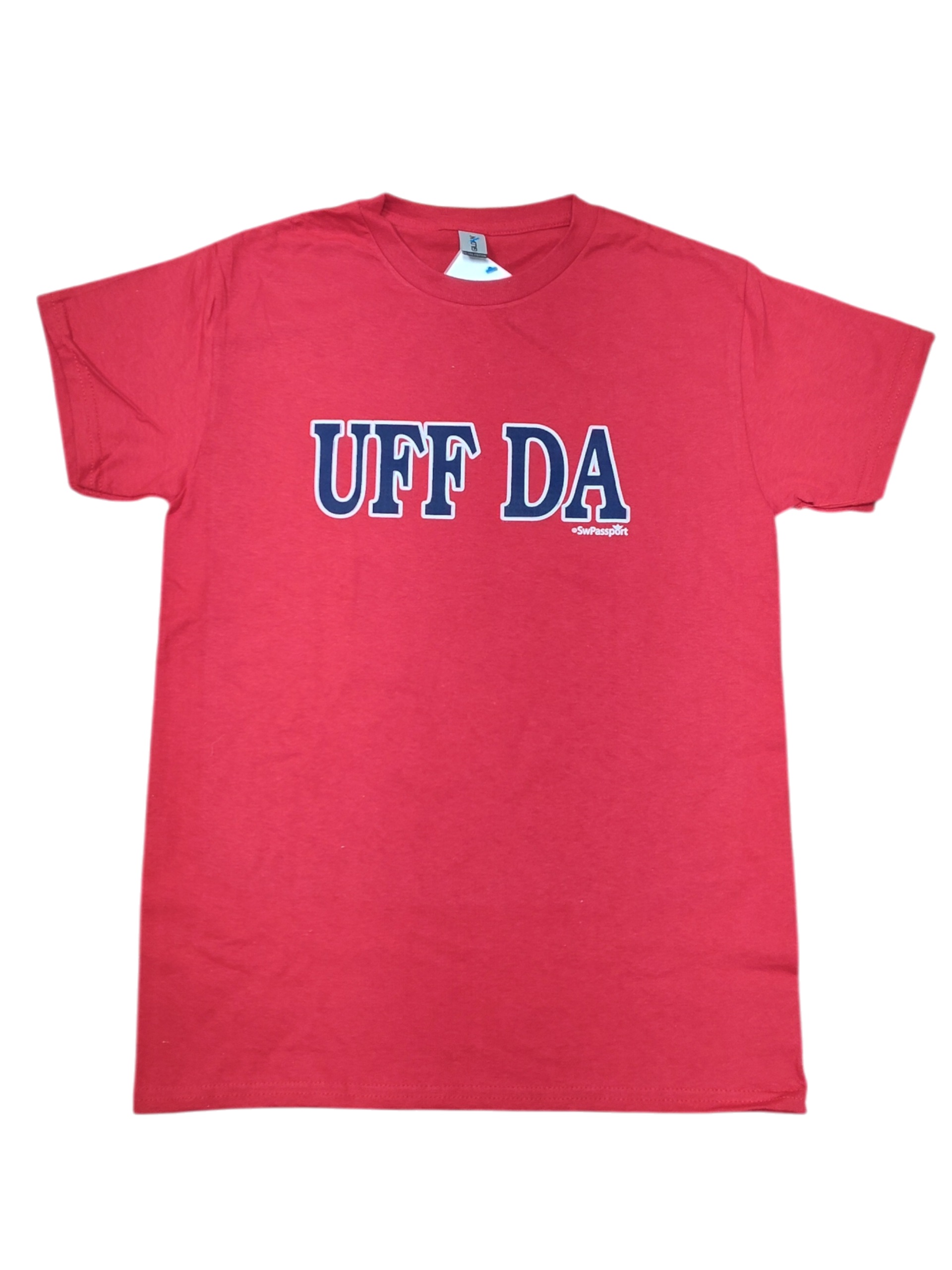 The Tee: Uff Da Short Sleeve Shirt (Red) features the Scandinavian expression "UFF DA" printed in bold white and navy letters on the front.