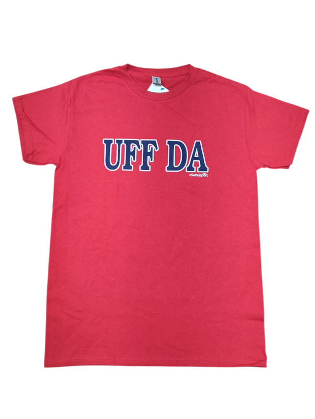 The Tee: Uff Da Short Sleeve Shirt (Red) features the Scandinavian expression "UFF DA" printed in bold white and navy letters on the front.