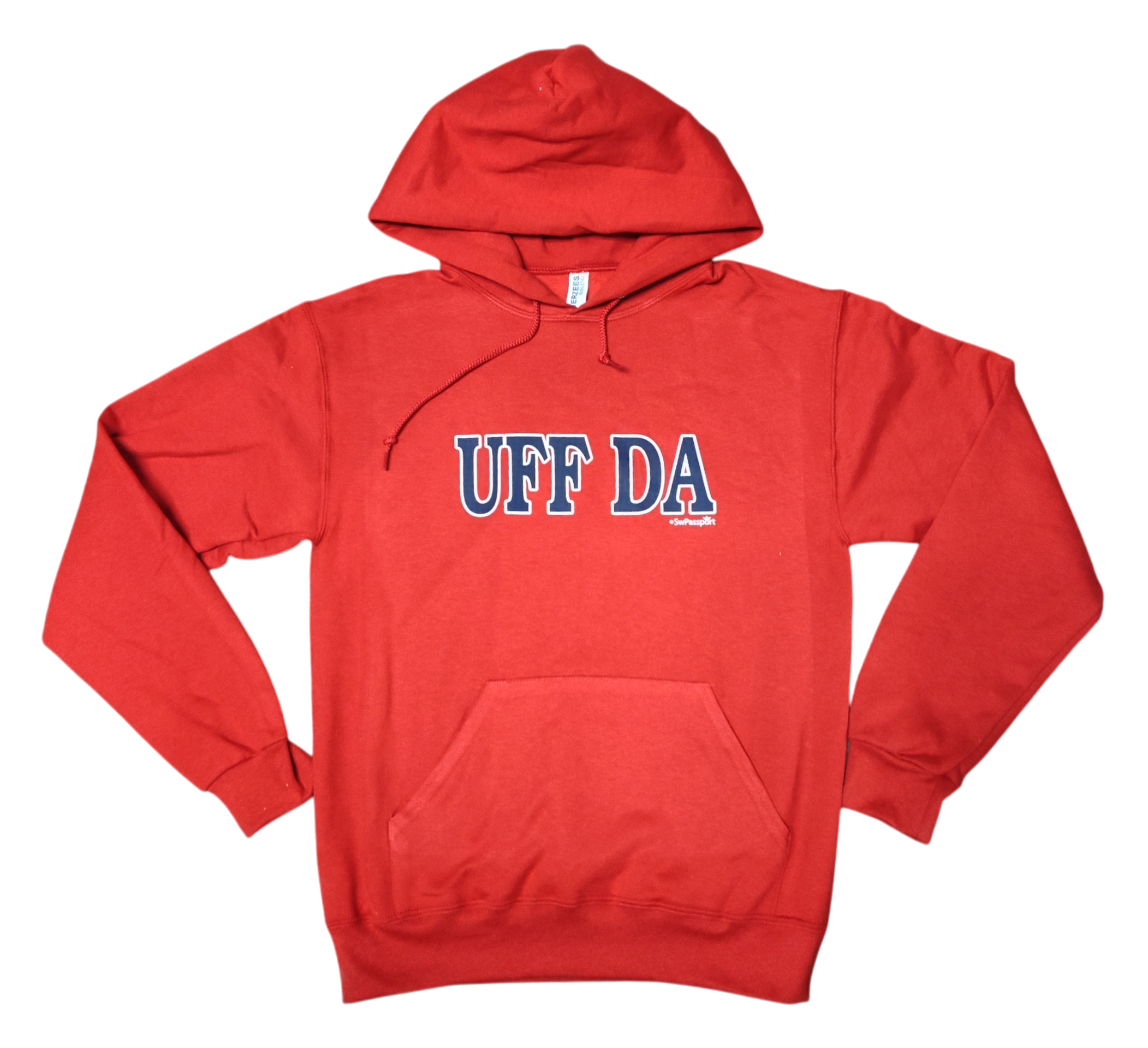 The Uff Da Hoodie - Red (Unisex) features the Scandinavian phrase "UFF DA" in bold white letters with blue outlines on the front.